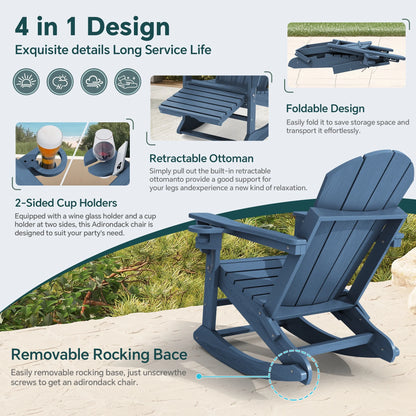 KINGYES Folding Adirondack Rocker Chair Set of 2 W/ Footrest & Dual Cup Holders, HDPE Outdoor Patio Rocking Chair, Black