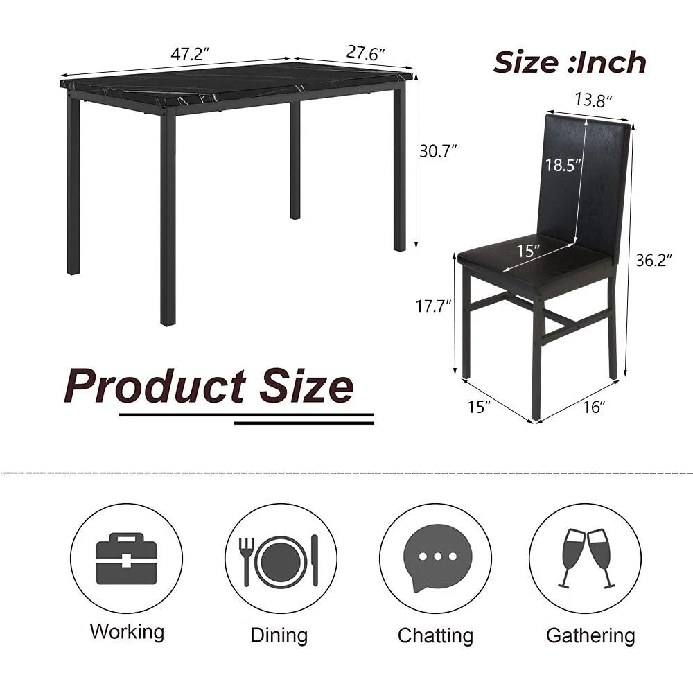 5 Piece Dining Set, Modern Dining Table and Chairs Set for 4, Counter Height Bar Table Set, Modern Pub Table with 4 Velvet Fabric Cushioned Stools, Faux Marble Dining Table & Stools Set, D9297