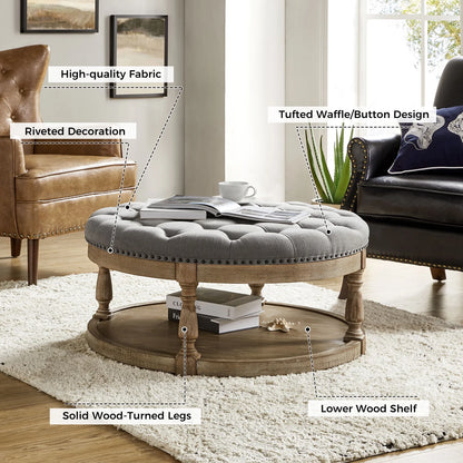 36'' Wide Blue Round Large Ottoman Tufted Coffee Table with Storage Wood Legs Home Living Room