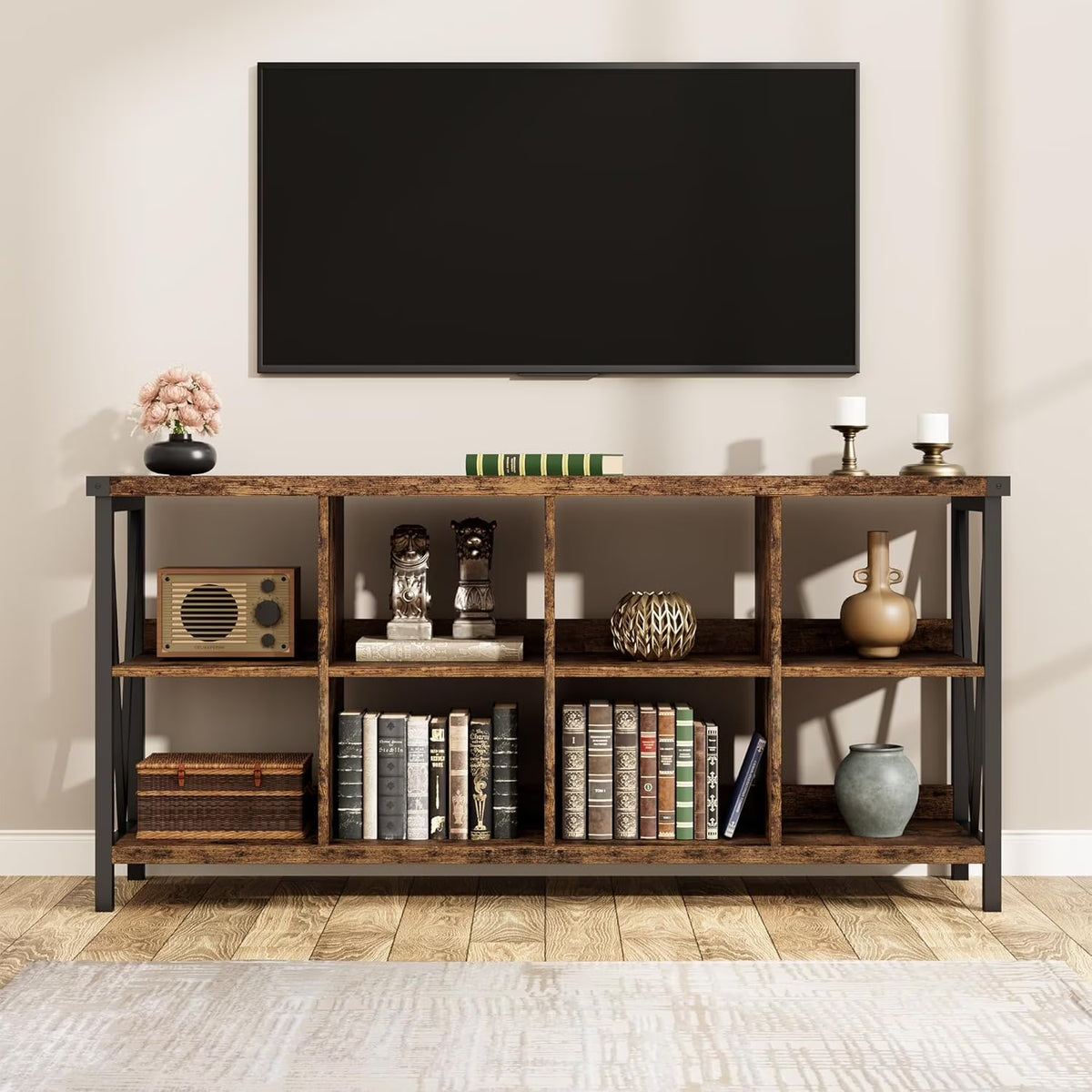 WALYWIK 8 Cube Storage Organizer Bookshelf, 3 Tier Metal Horizontal Bookcase, 62 Inch Console Bookshelfs, Industrial Storage Bookcase for Entryway, Long Low Book Shelf for Living Room-Grey