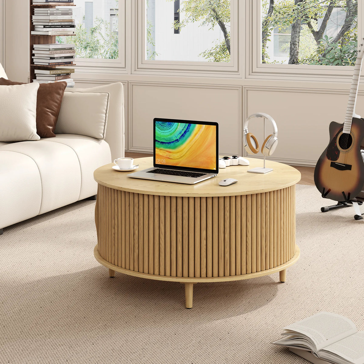 JOINICE Round Coffee Table with Storage and Sliding Door,Mid Century Modern Wooden Center Table,for Living Room,Walnut