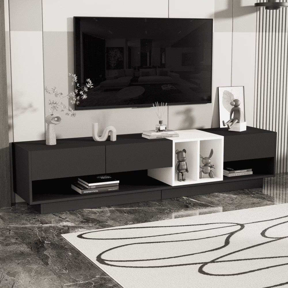 Modern TV Stand for 80 Inch TV, ON-TREND Sleek Two-Tone Media Console, Functional Storage Cabinet with Open & Hidden Compartments, Particle Board, Living Room Furniture, White