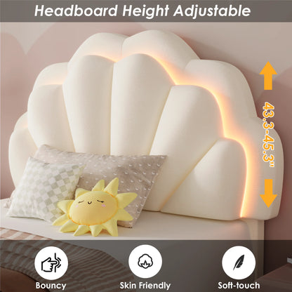 Homfa Twin Bed Frame with Storage & LED Light, Velvet Upholstered Platform Twin Bed with Adjustable Petal Headboard, Beige