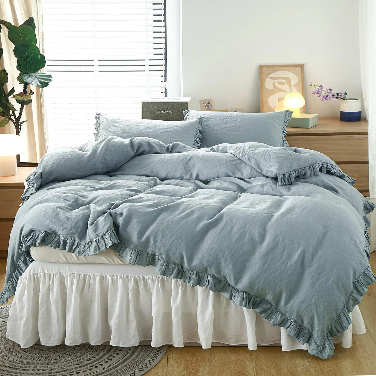 Simple&Opulence 100% Washed Linen Duvet Cover Set-3 Pieces Shabby Chic Premium Ruffled Bedding with 1 Comforter Cover and 2 Pillowshams France Flax High End Frill Sets Vintage Style(King, White)