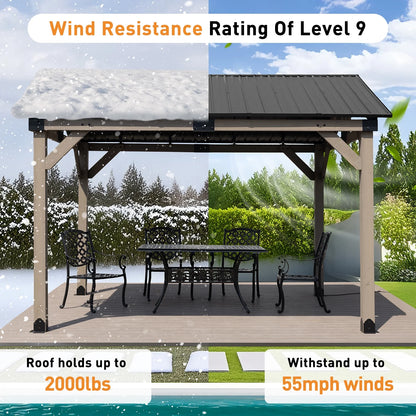 Aoodor 10 x 12 ft Wooden Frame Gazebo with 2-Tier Galvanized Metal Hardtop Roof, Outdoor Patio Gazebo with Charging Socket for Patio, Backyard, Deck, and Lawn