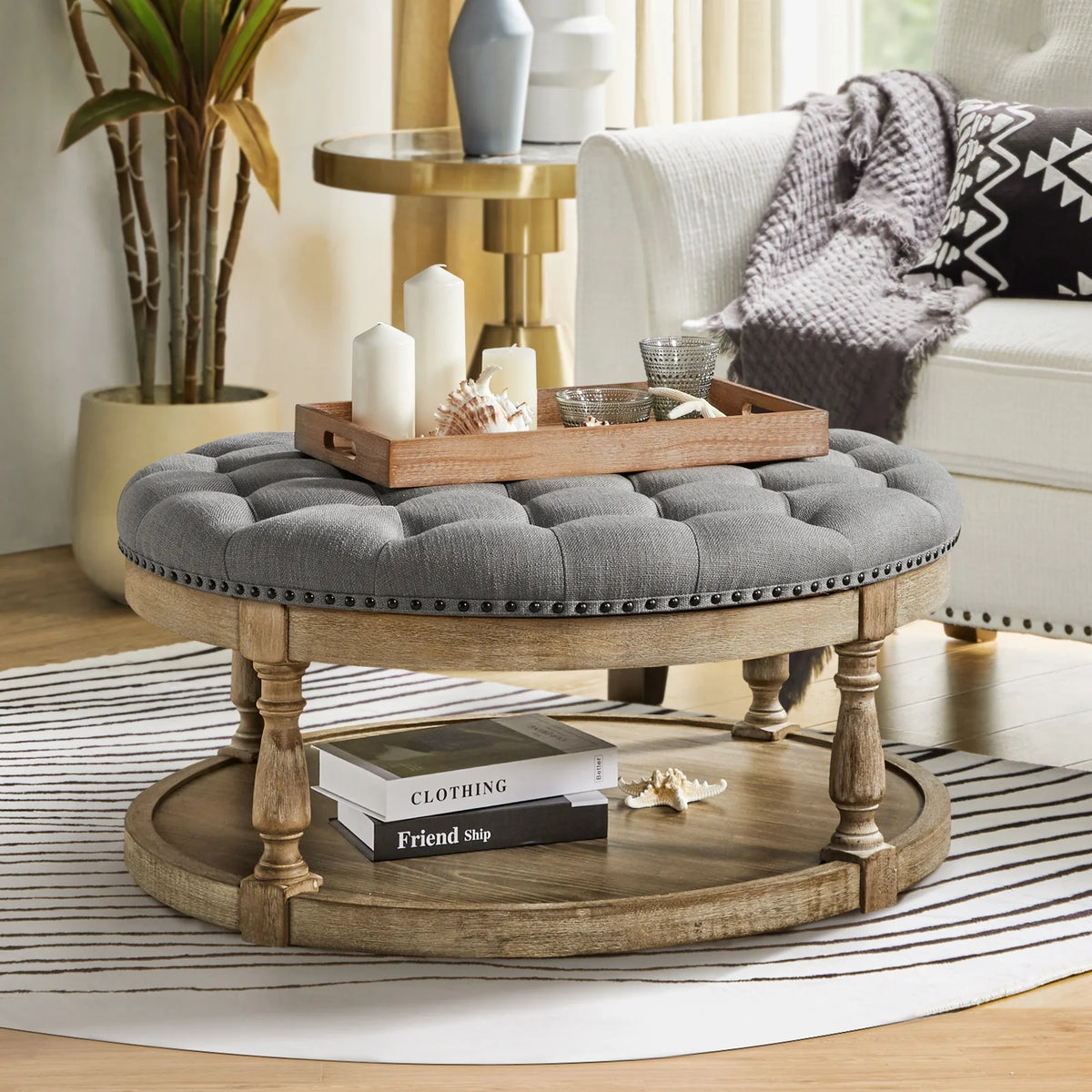 36'' Wide Blue Round Large Ottoman Tufted Coffee Table with Storage Wood Legs Home Living Room