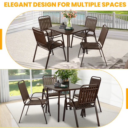 Seizeen 7-Piece Outdoor Table and Chairs, Patio Table Set with 6 Rattan Chairs, All-weather Outdoor Patio Dining Sets Rectangular Metal Table with Acacia Wood Top, Umbrella Hole, Gray
