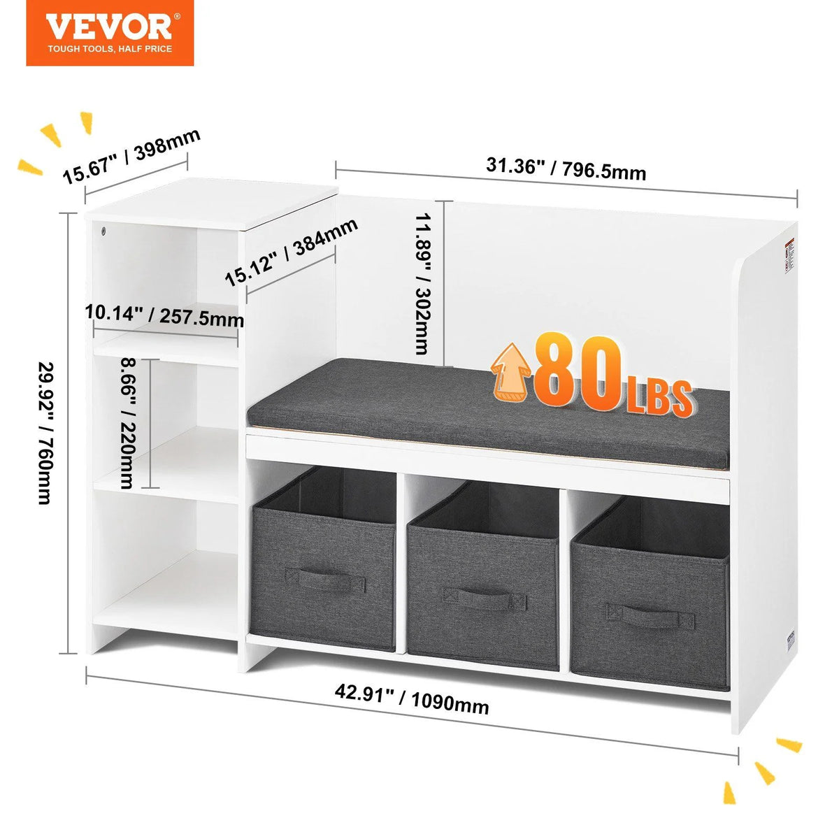 Kids Reading Nook Bench with 6-Cubby Storage, 3 Drawers & Removable Cushion, Toddler Bookshelf Organizer for Playroom Bedroom Living Room Entryway, White Wooden Toy Chest