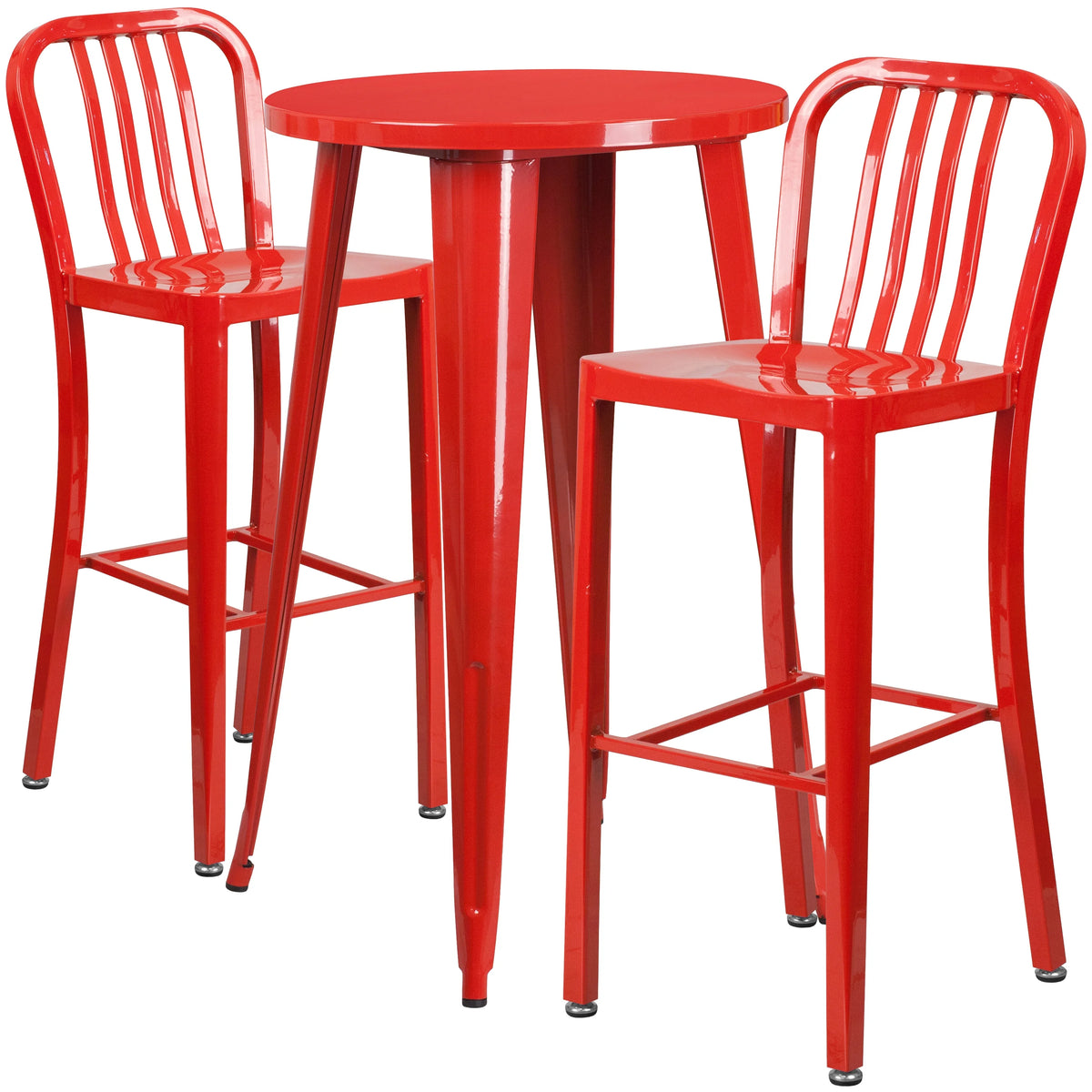 Flash Furniture Earl Commercial Grade 24" Round Silver Metal Indoor-Outdoor Bar Table Set with 2 Vertical Slat Back Stools