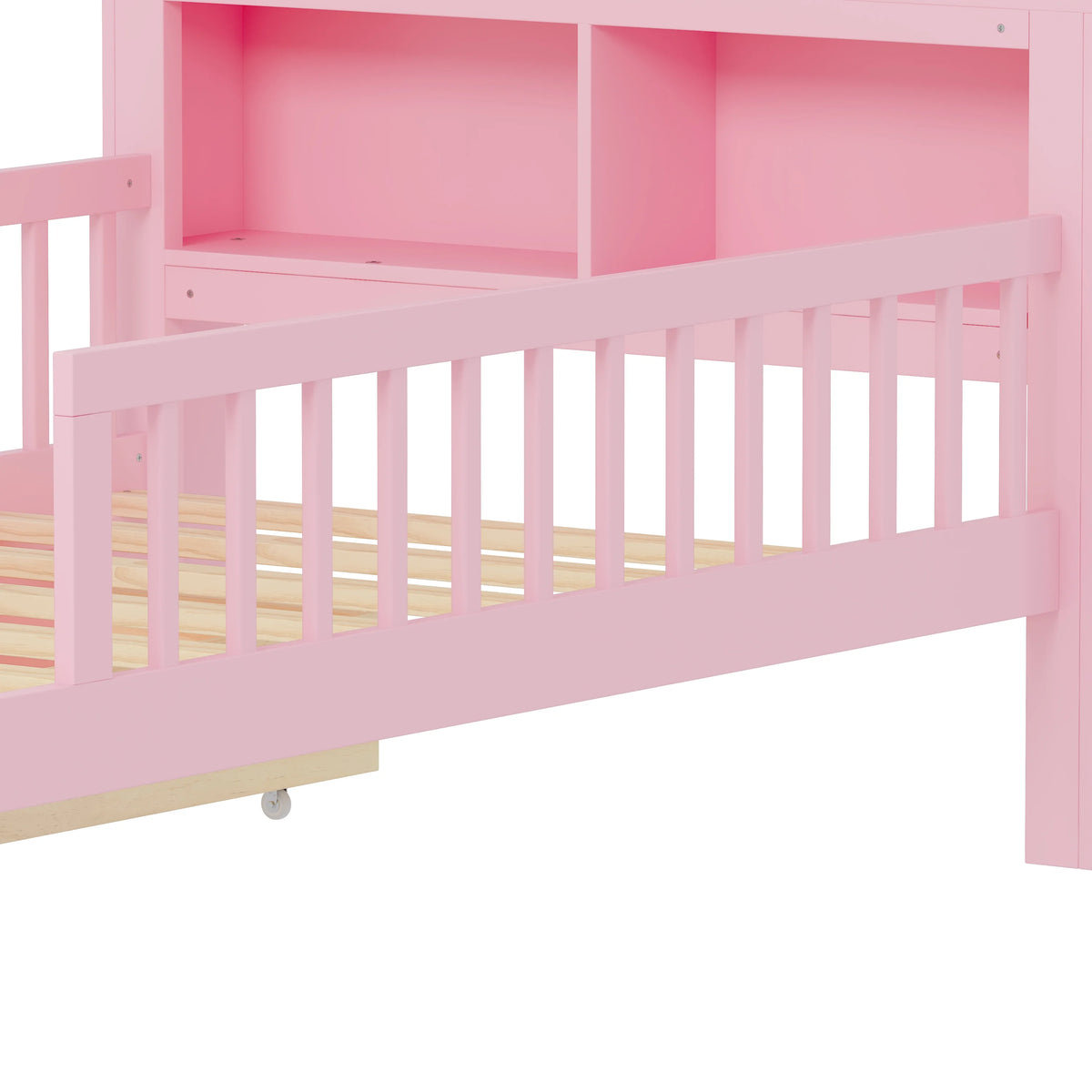Euroco Wood Twin Size Platform Bed with Storage Headboard and Drawers, Low Profile Bed with Guardrails for Kids and Toddlers, White