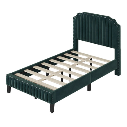 Green Upholstered Platform Bed, Full Size Bed Frame with Solid Wooden Slat Support and Curved Upholstered Wingback Headboard, Heavy Duty Full Bed Mattress Foundation, No Box Spring Required