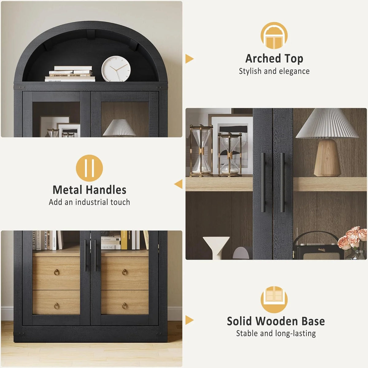 Arched Kitchen Pantry Storage Cabinet with 2 Drawers, 71-Inch Tall Farmhouse Wood Bookcase with 4 Doors for Kitchen Dining Room Bathroom