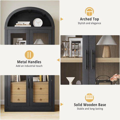 Arched Kitchen Pantry Storage Cabinet with 2 Drawers, 71-Inch Tall Farmhouse Wood Bookcase with 4 Doors for Kitchen Dining Room Bathroom