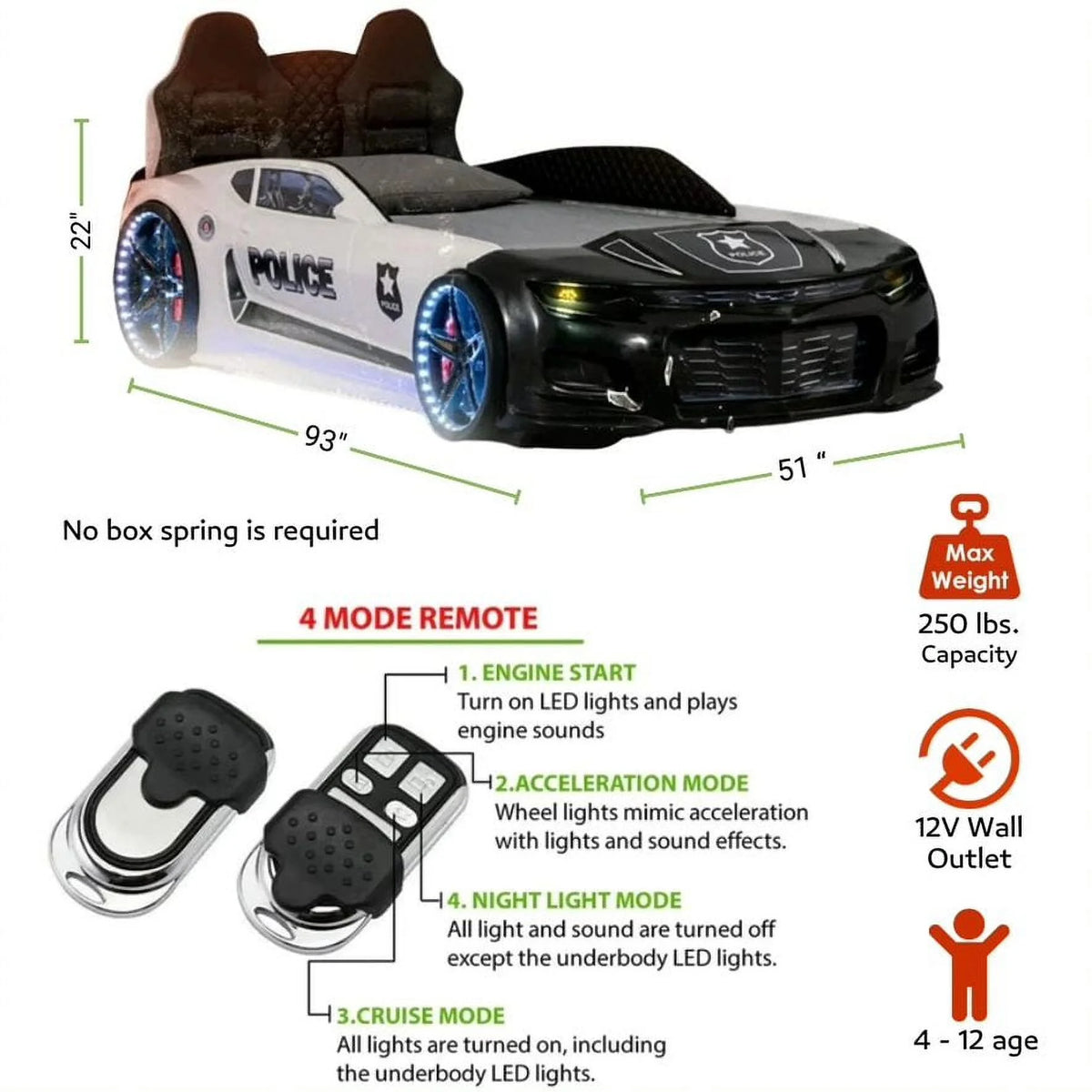 CHAMPION Twin Race Car Bed, LED Lights, Sound FX, Kids Bedroom Furniture, Children's Car Bed