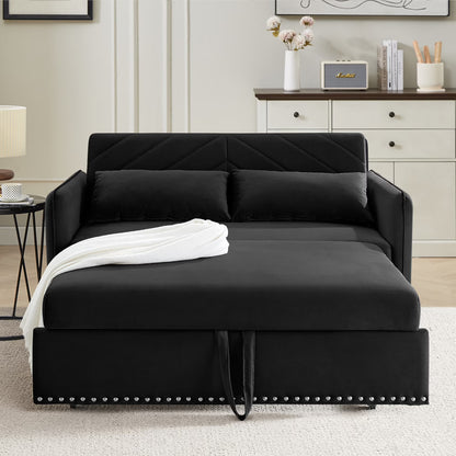 55" Convertible Sleeper Sofa Bed,3 in 1 Convertible Sleeper Loveseat with USB Ports,Modern Velvet Pull Out Sofa Bed with 2 Pillows and Rivet Design for Living Room Furniture,Gray