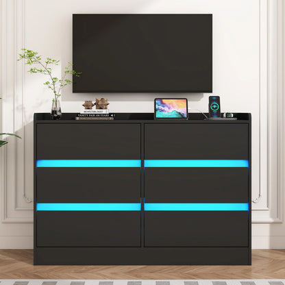 9 Drawer Dresser for Bedroom with Power Outlet, 63" Large Dresser with LED Light, Wooden Dresser For Closet, Chest of Drawers with Raised Edges