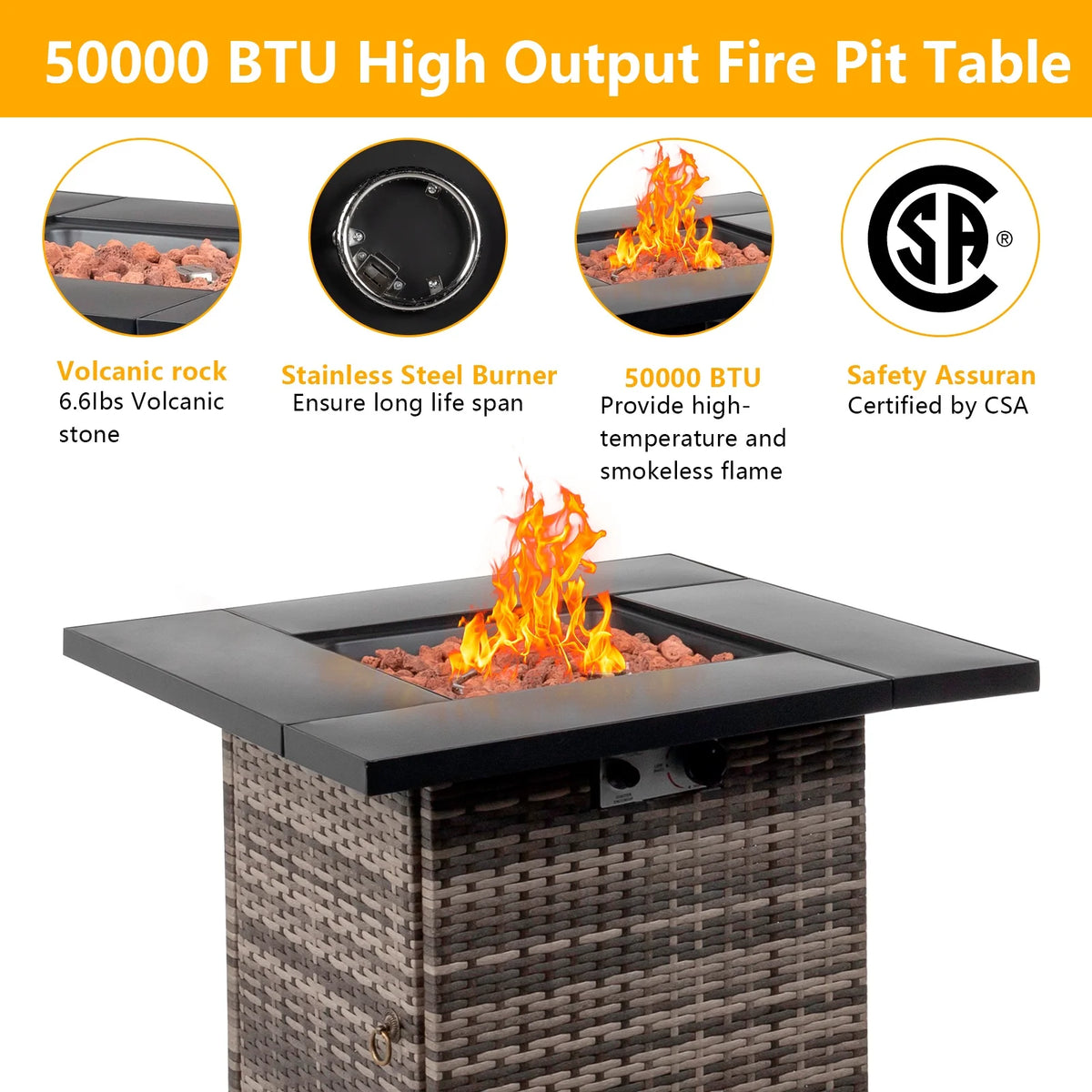 28" Fire Pit Table, Propane Fire Pit with Lid, Lava Rocks, 50000 BTU Outdoor Gas Fire Pit, Metal Square Propane Fire Pit for Outside Garden Backyard Deck Patio, Brown, LLL4008