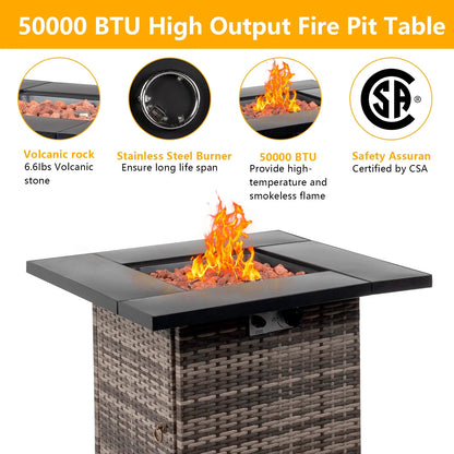 28" Fire Pit Table, Propane Fire Pit with Lid, Lava Rocks, 50000 BTU Outdoor Gas Fire Pit, Metal Square Propane Fire Pit for Outside Garden Backyard Deck Patio, Brown, LLL4008