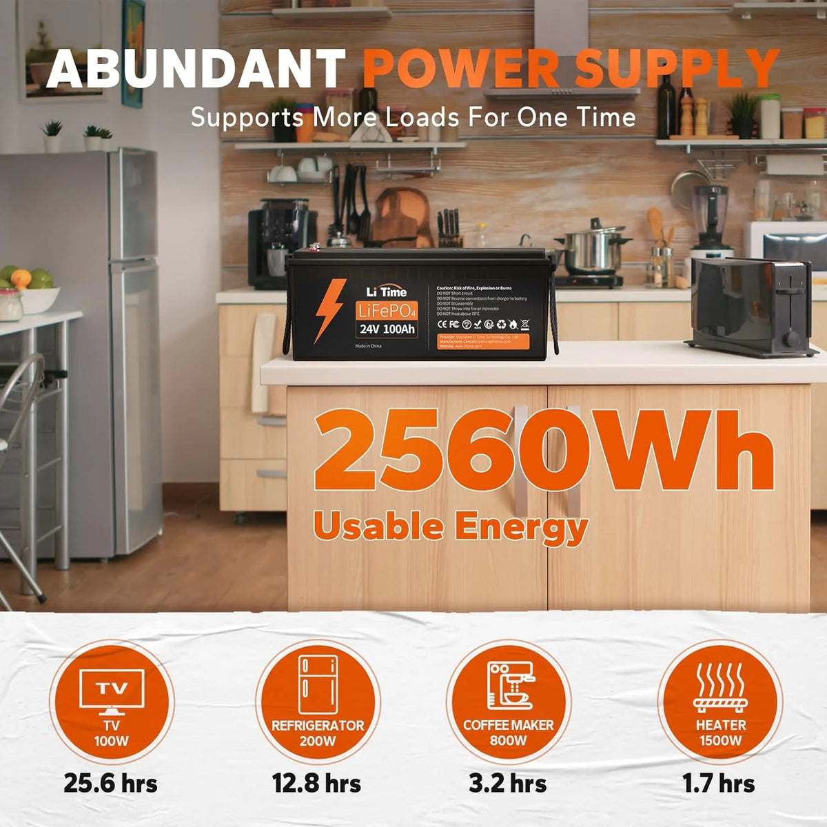 LiTime 24V 100Ah LiFePO4 Battery 100A BMS Max. 2560W Rechargeable Lithium Battery for Camper
