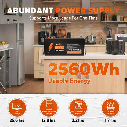 LiTime 24V 100Ah LiFePO4 Battery 100A BMS Max. 2560W Rechargeable Lithium Battery for Camper