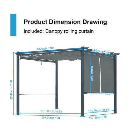 Aoodor 10 x 10 ft. Outdoor Pergola with Retractable Canopy and Sunshade Roller Curtains, Aluminum Frame Grape Trellis Pergola for Patio Backyard and Deck - Gray