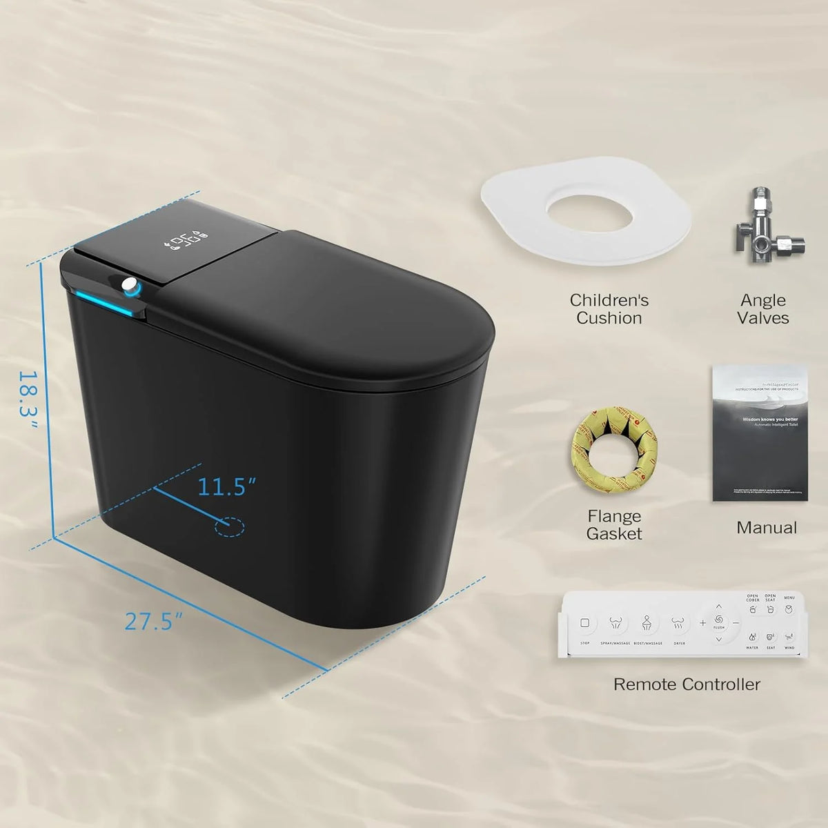 LALAHOO Smart Toilet with Bidet Built in, Auto Open & Close, Elongated Heated seat, Foot Sensor Flush, LED Display, Warm Water Wash, Dryer, Night Light, Black