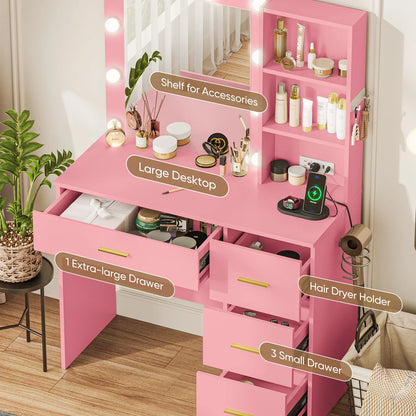 Makeup Vanity with Mirror and 3 Color Lights,Vanity Dressing Table with USB Charging Station,4 Drawers,Open Storage Shelves,White