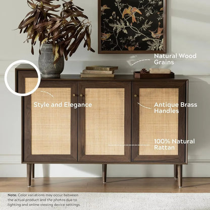 EYYTHUNG Farmhouse 3-Door Rattan Storage Cabinet, Solid Wood Entryway Buffet Sideboard