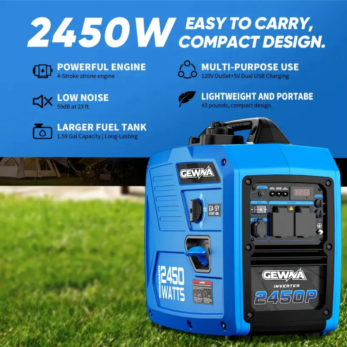 2450-Watt 120V Gas Powered Portable Fuel Inverter Generator Included 1.6 Gallon Large Fuel Tank Super Quiet