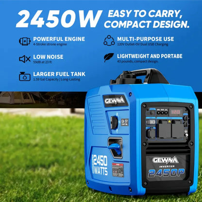 2450-Watt 120V Gas Powered Portable Fuel Inverter Generator Included 1.6 Gallon Large Fuel Tank Super Quiet