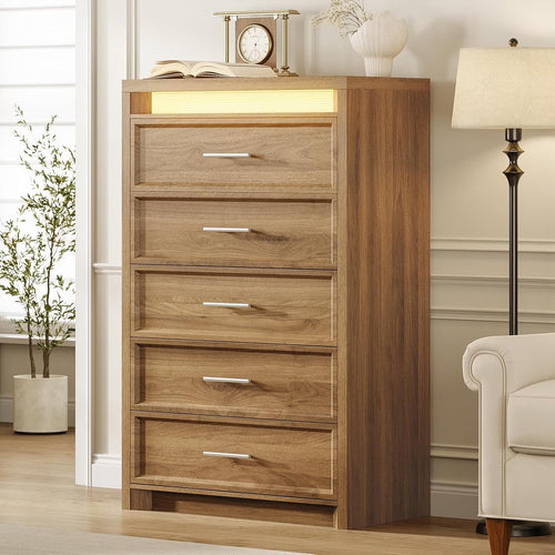 AOGLLATI Mid-Century Modern Dresser for Bedroom with 5 Drawer, Dressers& Chests of Drawers, 44.5�� Tall Wood Dresser with 3 Color Lights for Bedroom, Wood