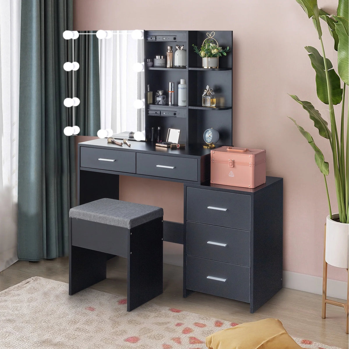 Ktaxon Flutted Makeup Vanity Table Set with 5 Drawer, Dressing Table w/Charging Station, Vanity Desk for Femal Gift, White