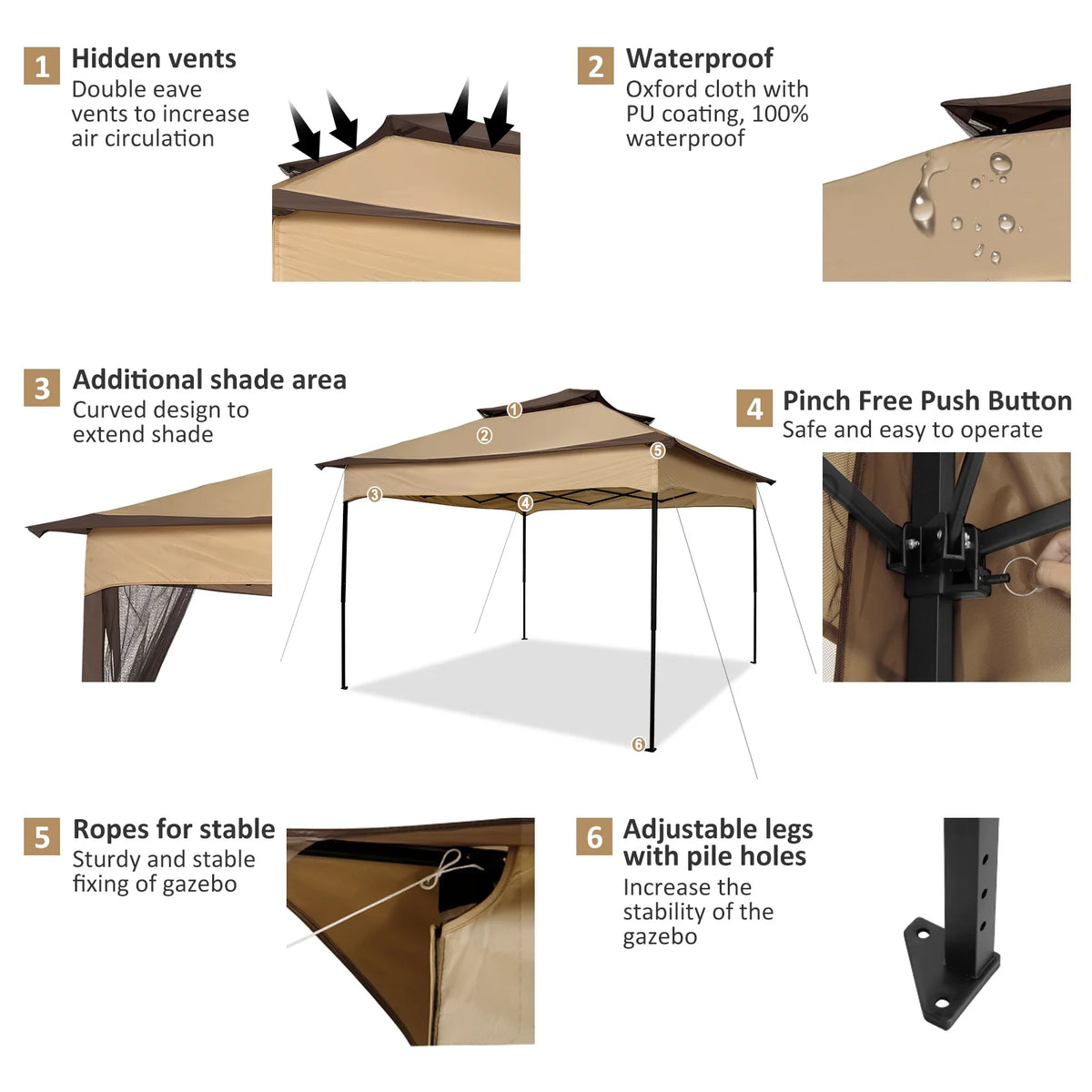 COBIZI 12x12 Outdoor Gazebo Pop Up Gazebo Canopy with Mosquito Netting Patio Tent Backyard Canopy with 2-Tiered Vented Top 3 Adjustable Height, Beige