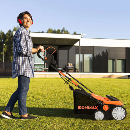 IronMax 13Amp Corded Scarifier 15" Electric Lawn Dethatcher w/50L Collection Bag Orange