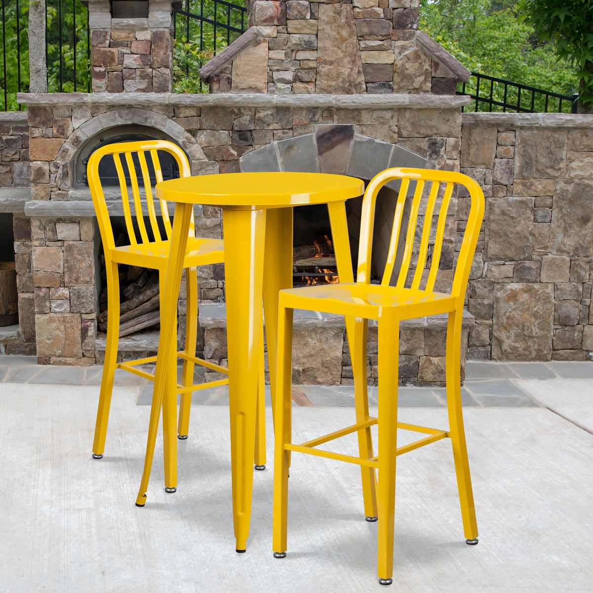Flash Furniture Earl Commercial Grade 24" Round Silver Metal Indoor-Outdoor Bar Table Set with 2 Vertical Slat Back Stools