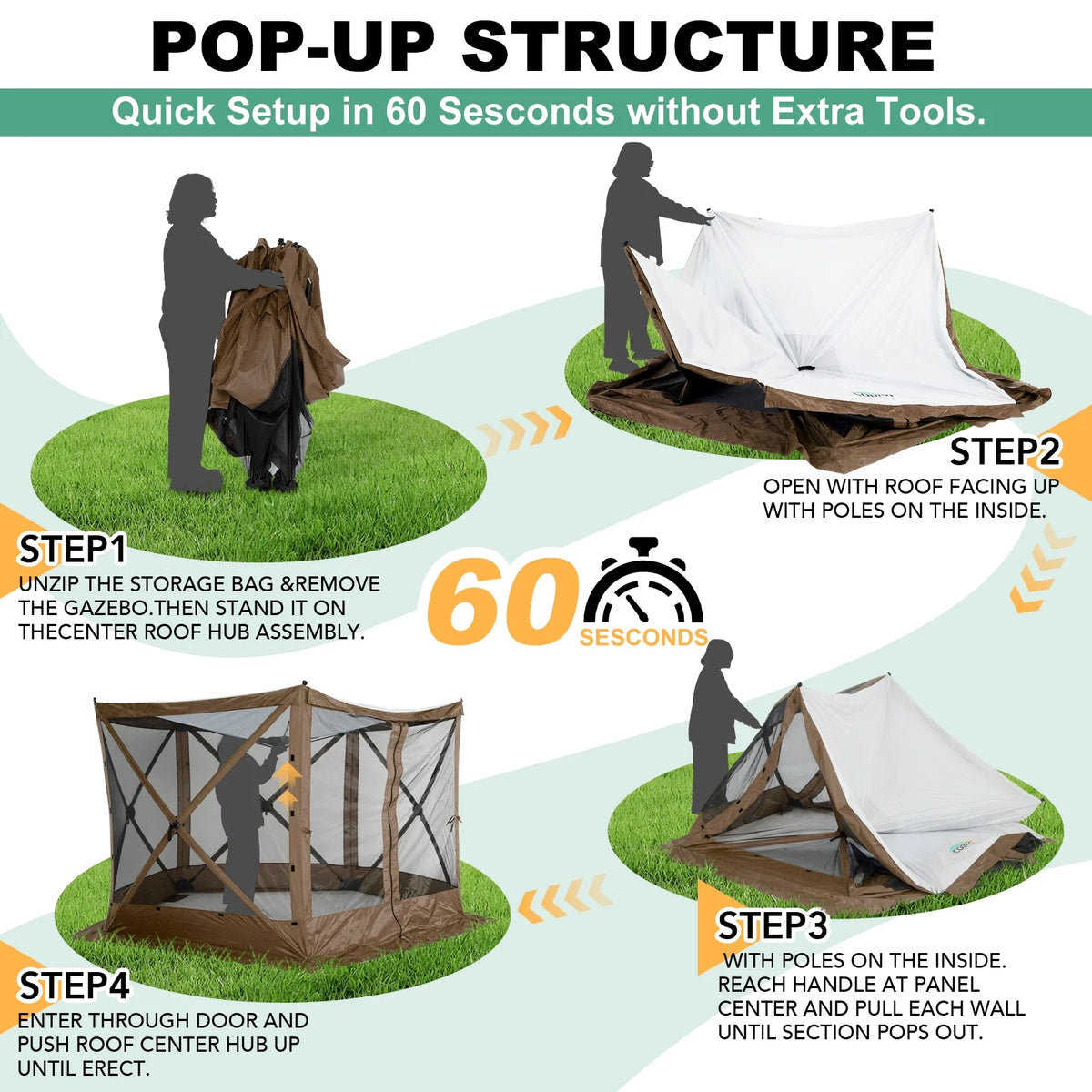 COBIZI 8x8 Pop up Gazebo Tent, Ez up Waterproof Screen Tent Screen House, Portable Outdoor Canopy Sun Shelter with 3 Sidewalls, Carry Bag & Ground Stakes for Camping, Garden and Picnics, Gray