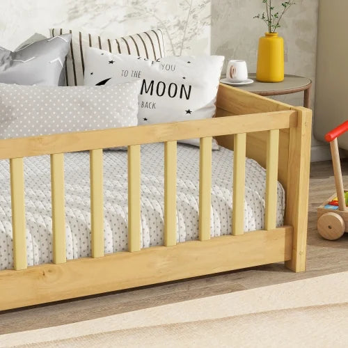 Bellemave Twin Size Floor Bed with Fence, Montessori Floor Twin Bed with Built-in Book Rack, Solid Wood Twin Bed with Slats and Safety Guardrails, Natural