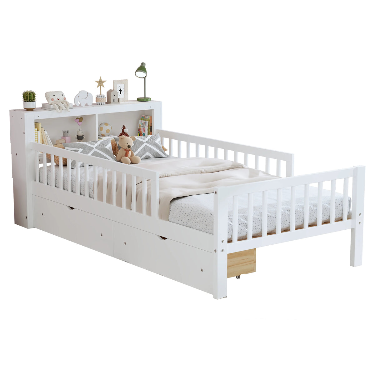 Euroco Wood Twin Size Platform Bed with Storage Headboard and Drawers, Low Profile Bed with Guardrails for Kids and Toddlers, White