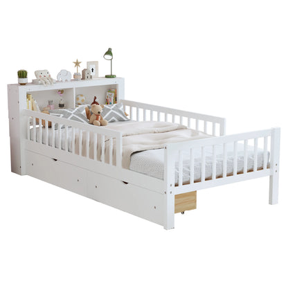 Euroco Wood Twin Size Platform Bed with Storage Headboard and Drawers, Low Profile Bed with Guardrails for Kids and Toddlers, White