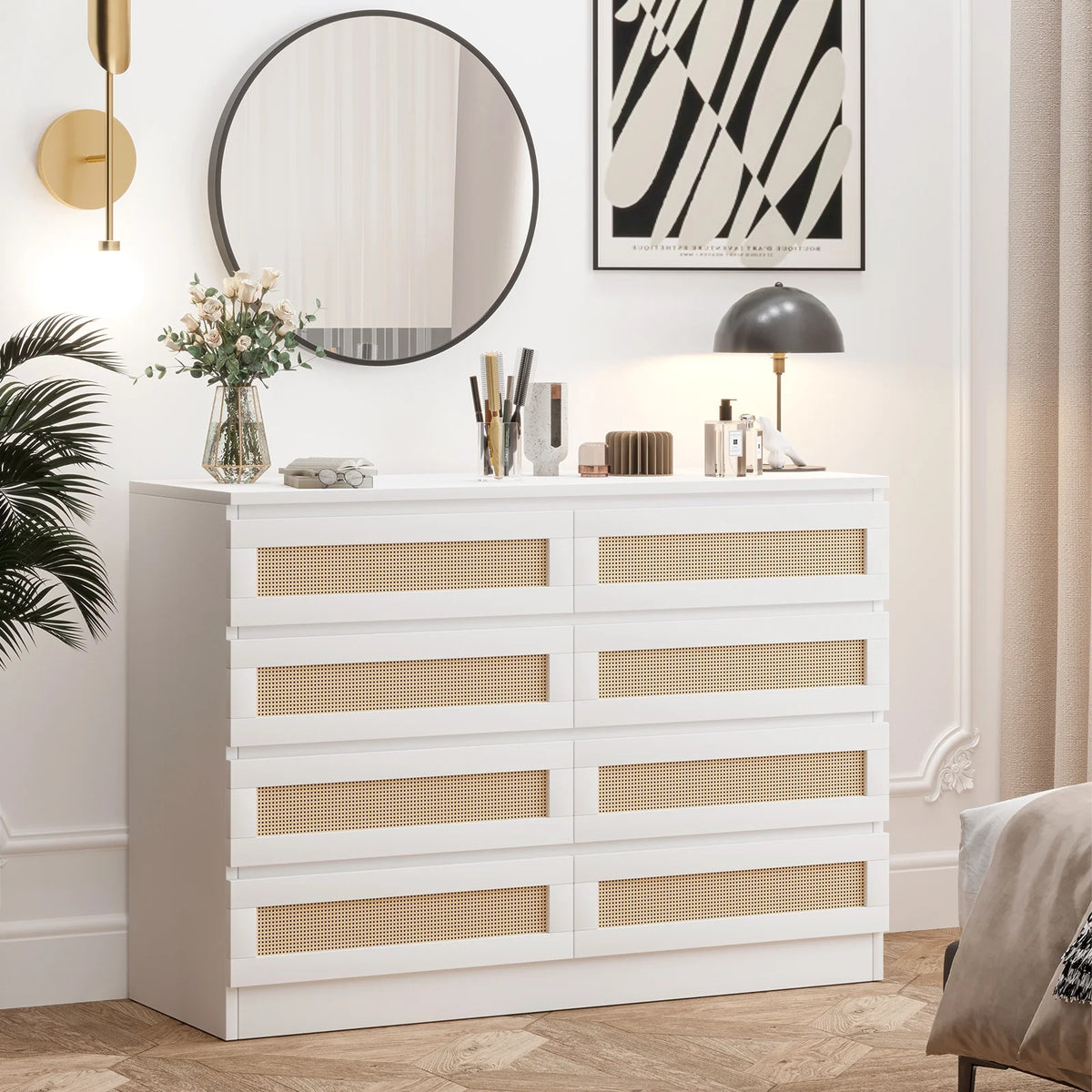 Jojoka 6-Drawers Rattan Dresser for Bedroom Chest of Drawers, TV Stand for 55" TV, Wood Top Storage Organizer Cabinet for Living Room, Entryway, Hallway, Natural