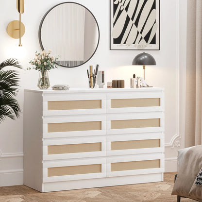 Jojoka 6-Drawers Rattan Dresser for Bedroom Chest of Drawers, TV Stand for 55" TV, Wood Top Storage Organizer Cabinet for Living Room, Entryway, Hallway, Natural