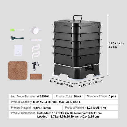 KFFKFF 5-Tier Worm Recycler, 50 L Indoor and Outdoor Worm Composting Container, Eco-Friendly Worm Cultivation Set, for Repurposing Kitchen Scraps, Worm Excreta, Worm Liquid