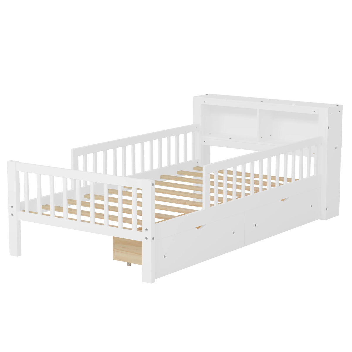 Euroco Wood Twin Size Platform Bed with Storage Headboard and Drawers, Low Profile Bed with Guardrails for Kids and Toddlers, White