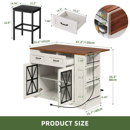 Uforic Kitchen Island Table with Seating & Drop Leaf, Kitchen Island with Storage & Wheels, Off-White