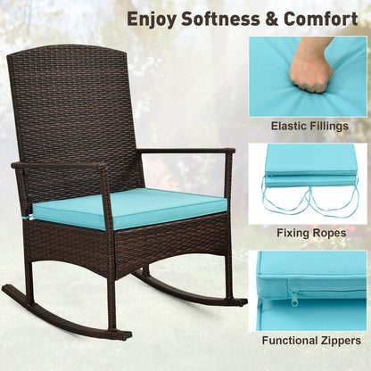 Costway Serenity 3 Piece Patio Rocking Wicker Rockers with White Cushions 2 Tier Coffee Table