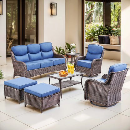 Bellefurn Luxury Outdoor Patio Furniture Set,Swivel Rocker Patio Chairs with 6-inch Thick Cushion,Patio Sofa and Glass Coffee Table,Outdoor Conversation Set for Porch, Deck, Yard