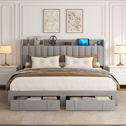 Lijimei Queen Bed Frame With Headboard And Storage, Platform Bed Frame Full Size With 2 Drawers, Upholstered Full Size Bed Frame With Storage, Built-in Charging Station, Beige
