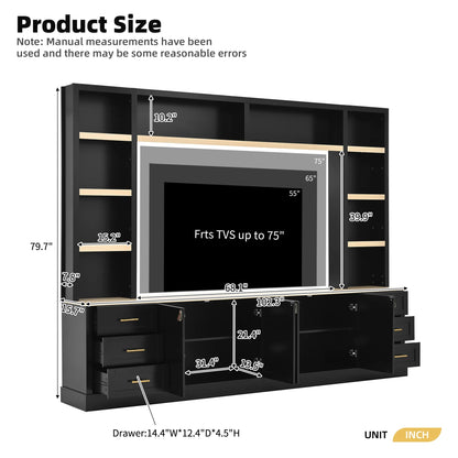 Euroco 102.3"W Farmhouse 4-Piece Entertainment Center Wall Unit with Adjustable Shelf, Modern Large TV Stand with Bookshelves