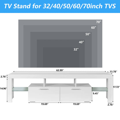 UHOMEPRO TV Stand for TV up to 70", Living Room Entertainment Center with RGB LED Lights and Storage Shelves Furniture, White High Gloss TV Cabinet Console Table