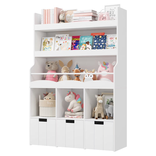 Homfa 55.5�� H Kids Bookshelf with 2-Tier Book Shelves, Children Toy Organizer with 3 Cubes and Removable Drawers, White